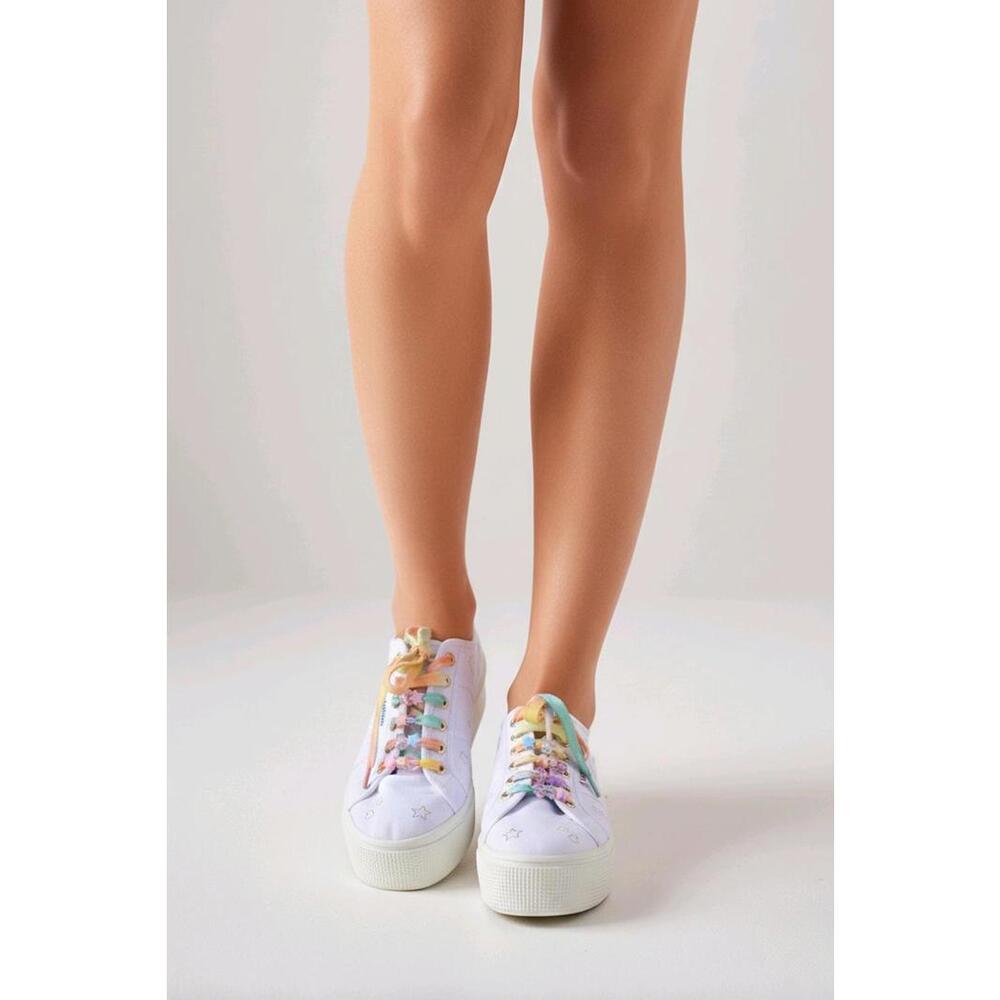 Cute White Women's Platform Sneakers with Pastel Rainbow Laces, 39